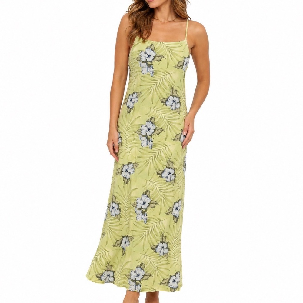 Vintage 90s Tommy Bahama Womens Silk Linen Tropical Maxi Dress Green Size 4